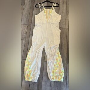 Free People Morning Rise Jumpsuit Cream Ribbed Colorful Cream Embroidered